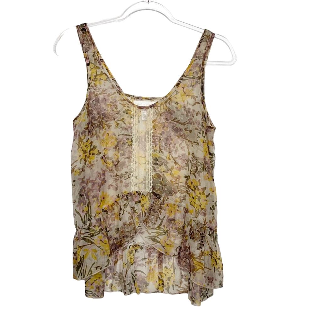 BAND OF GYPSIES Floral High Low Sheer Tank Top Ruffled Scoop Neck Tan Yellow XS